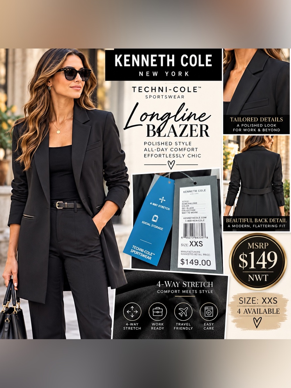 Kenneth Cole Black Longline Blazer - Techni-Cole